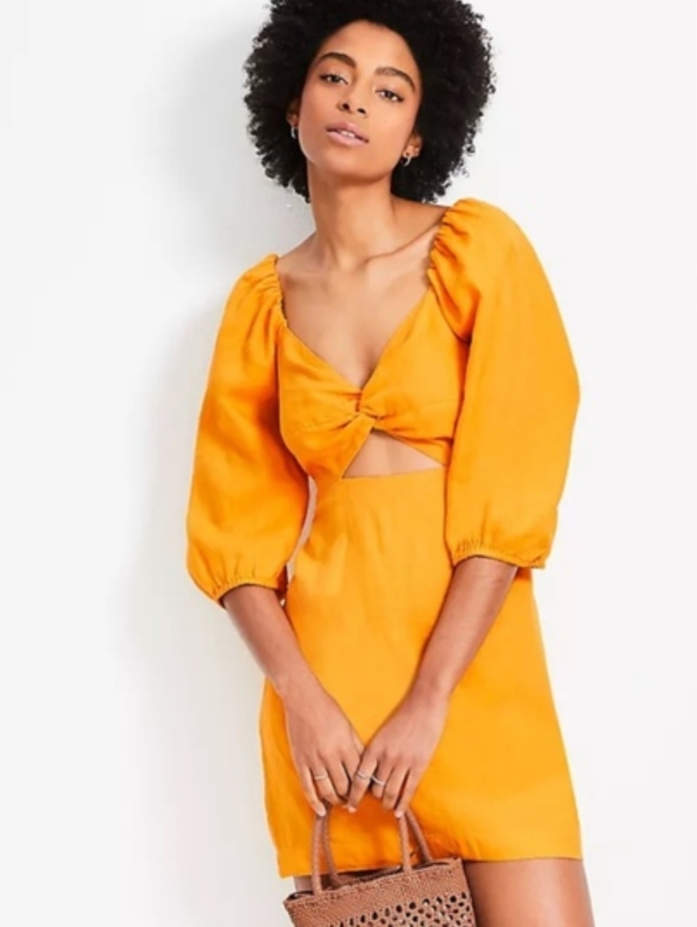 LOFT Beach Rusty Orange 100% Linen Cut Out Puff Sleeve Mini Pocket Dress SZ M